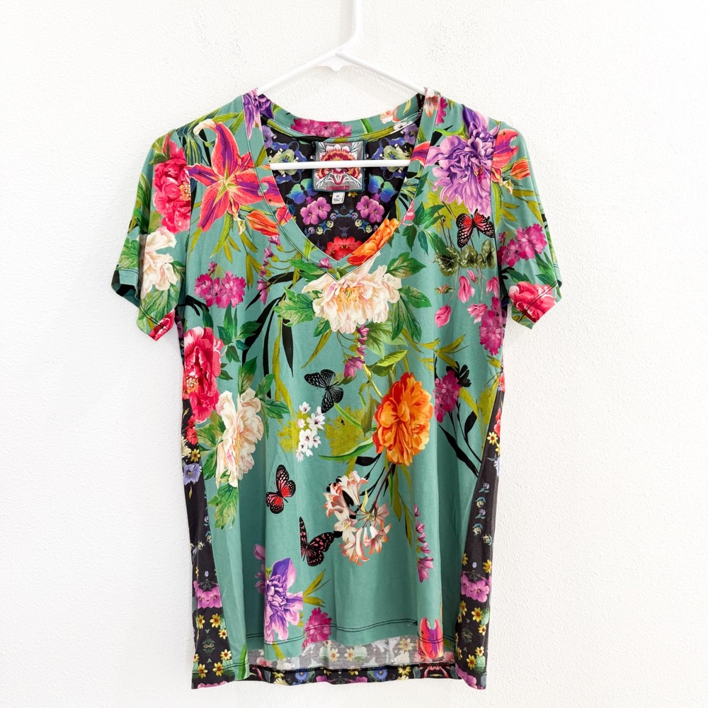 Johnny Was Panya Favorite Floral Boho Butterfly Tropical V-Neck T-Shirt XS